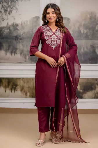 Maroon Cotton cambric  straight kurti pant dupatta set