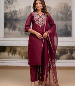 Maroon Cotton cambric  straight kurti pant dupatta set