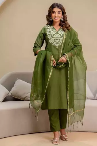 green cotton embroidered kurta set