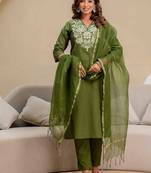 green cotton embroidered kurta set