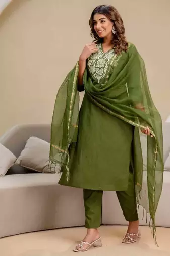green cotton embroidered kurta set