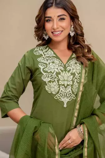 green cotton embroidered kurta set