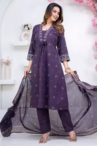 Navy cotton embroidered kurta set