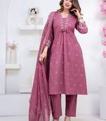mauve cotton embroidered kurta set