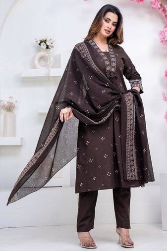 brown cotton embroidered kurta set