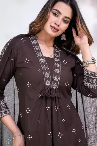 brown cotton embroidered kurta set