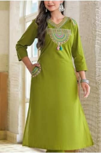 green cotton embroidered kurta set