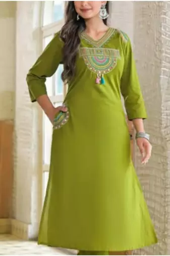green cotton embroidered kurta set
