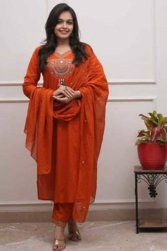 Cotton cambric  straight  kurti-pant-dupatta  set