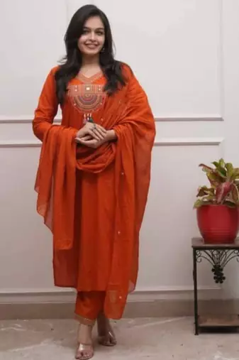 Cotton cambric  straight  kurti-pant-dupatta  set