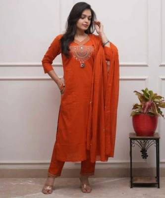 Cotton cambric  straight  kurti-pant-dupatta  set 2