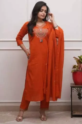 Cotton cambric  straight  kurti-pant-dupatta  set