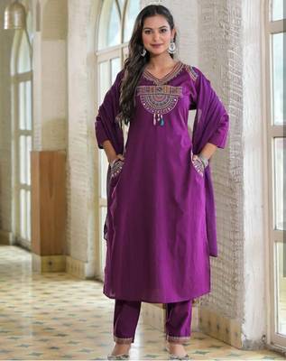 Purple cotton embroidered kurta set 1