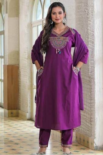 Purple cotton embroidered kurta set
