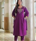 Purple cotton embroidered kurta set