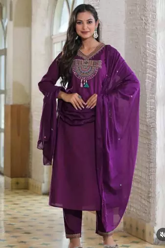 Purple cotton embroidered kurta set
