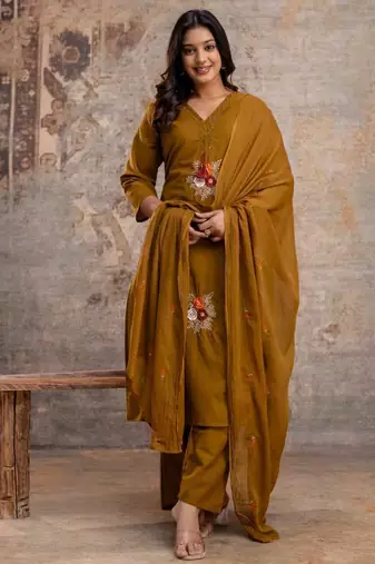mustard cotton embroidered kurta set