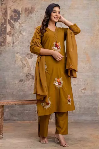 mustard cotton embroidered kurta set