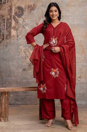 maroon cotton embroidered kurta set