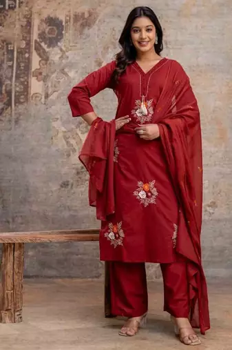 maroon cotton embroidered kurta set