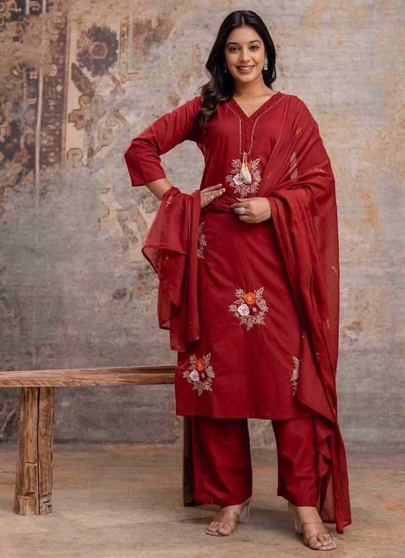maroon cotton embroidered kurta set