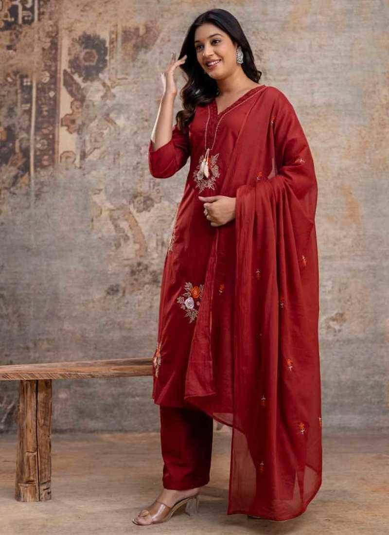 maroon cotton embroidered kurta set