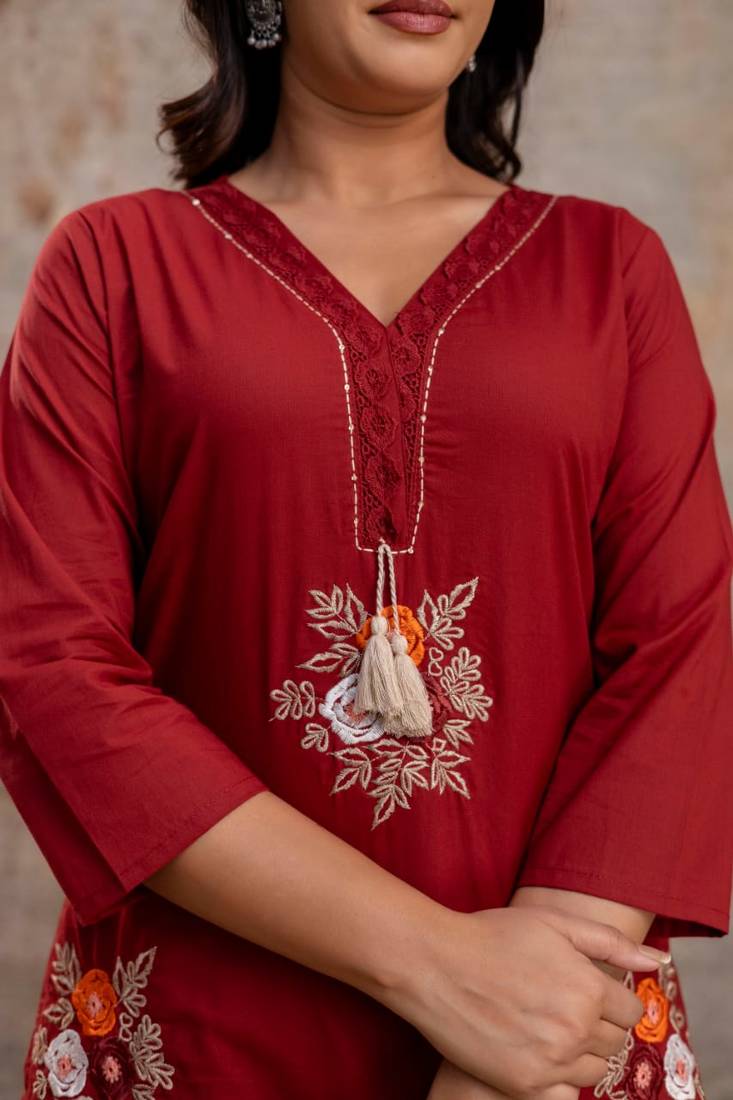 maroon cotton embroidered kurta set