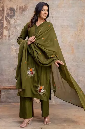 taj cotton  straight  kurti-pant-dupatta  set