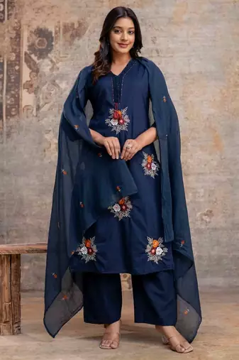 blue cotton embroidered kurta set