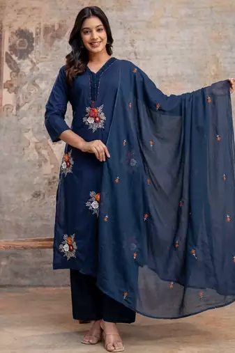 blue cotton embroidered kurta set