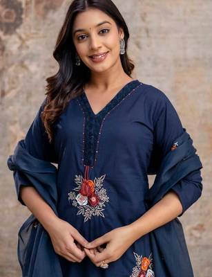 blue cotton embroidered kurta set 3