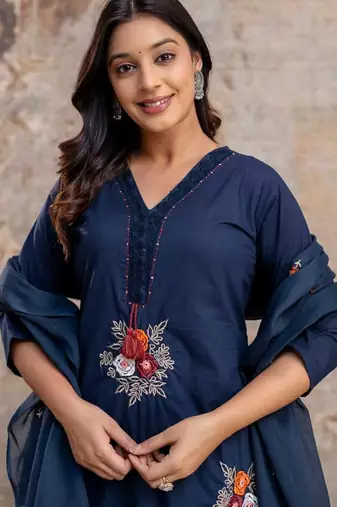 blue cotton embroidered kurta set