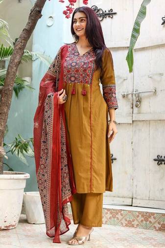 mustard cotton embroidered kurta set