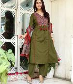 green cotton embroidered kurta set