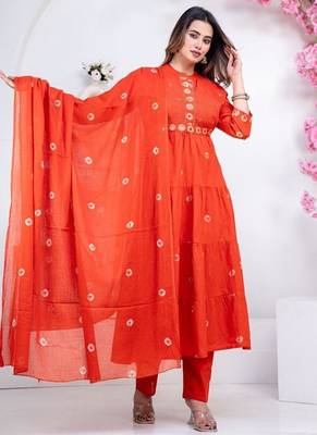 Orange cotton embroidered kurta set 1