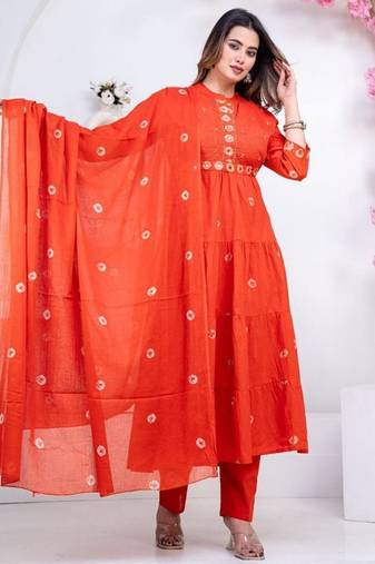 Orange cotton embroidered kurta set