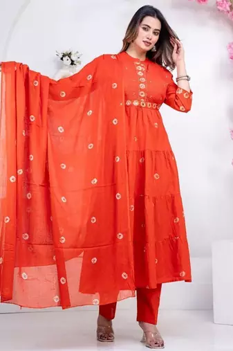 Orange cotton embroidered kurta set