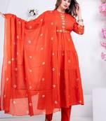 Orange cotton embroidered kurta set