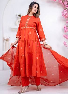 Orange cotton embroidered kurta set 2