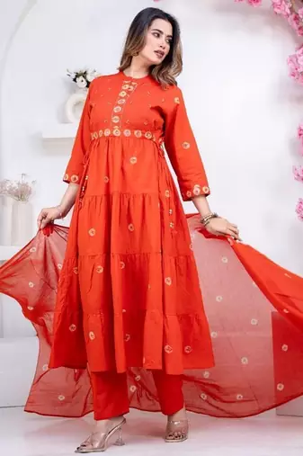 Orange cotton embroidered kurta set