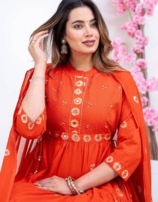 Orange cotton embroidered kurta set 3