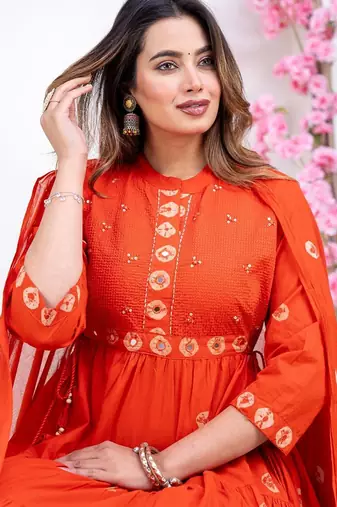 Orange cotton embroidered kurta set