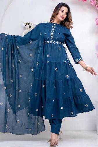 taj cotton cambric printed anarkali kurti-pant-dupatta  set