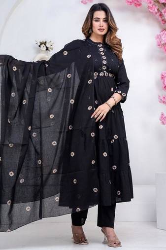 black cotton embroidered kurta set