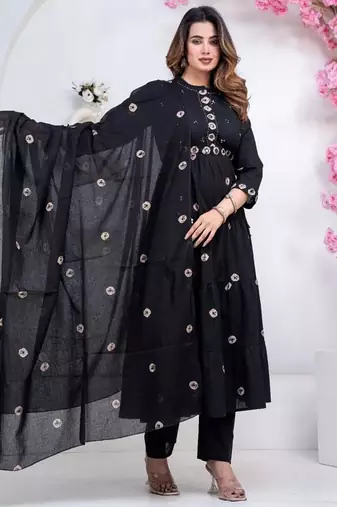 black cotton embroidered kurta set