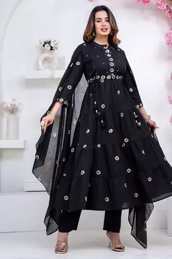 black cotton embroidered kurta set