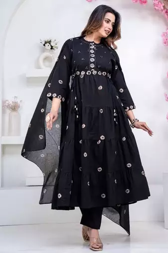 black cotton embroidered kurta set