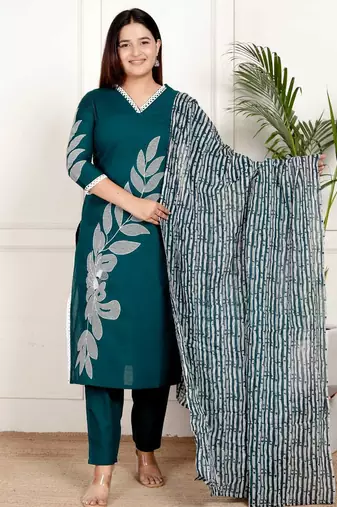 green cotton embroidered kurta set