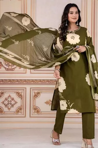 green cotton printed kurta set