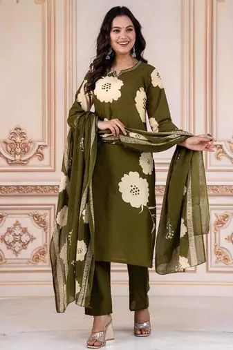 green cotton printed kurta set